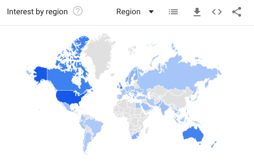 A map of the world that indicates keyword popularity.