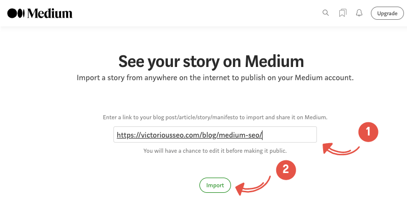 screenshot shows adding a link for a blog post to import into medium and clicking on a button that says import.