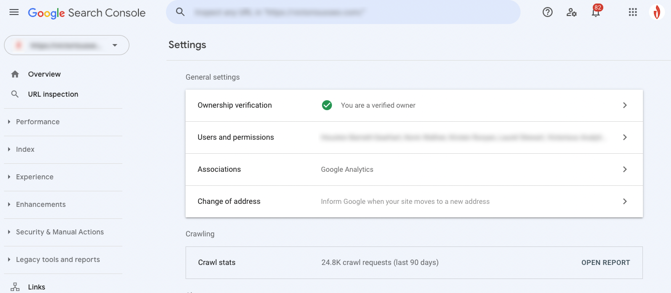 Google search console settings menu to find crawl stats