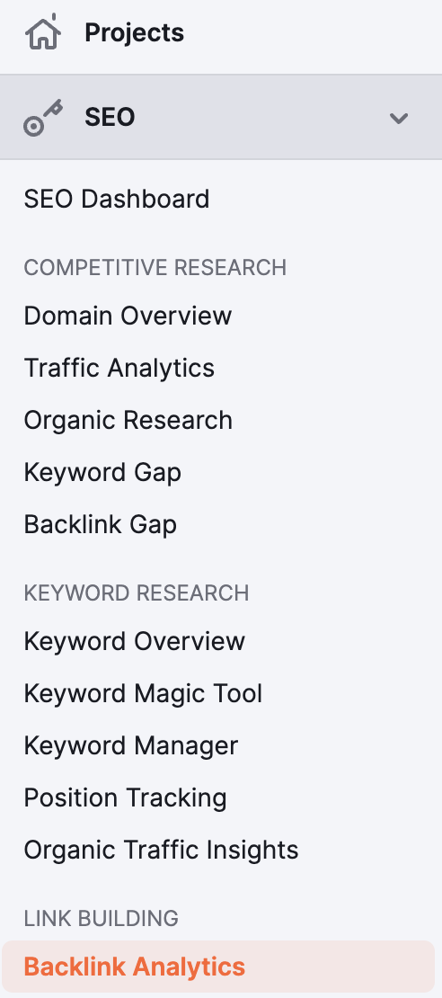 select backlink analytics from semrush menu to find link velocity