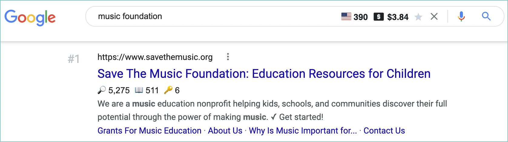 screenshot of search results #1 for music foundation
