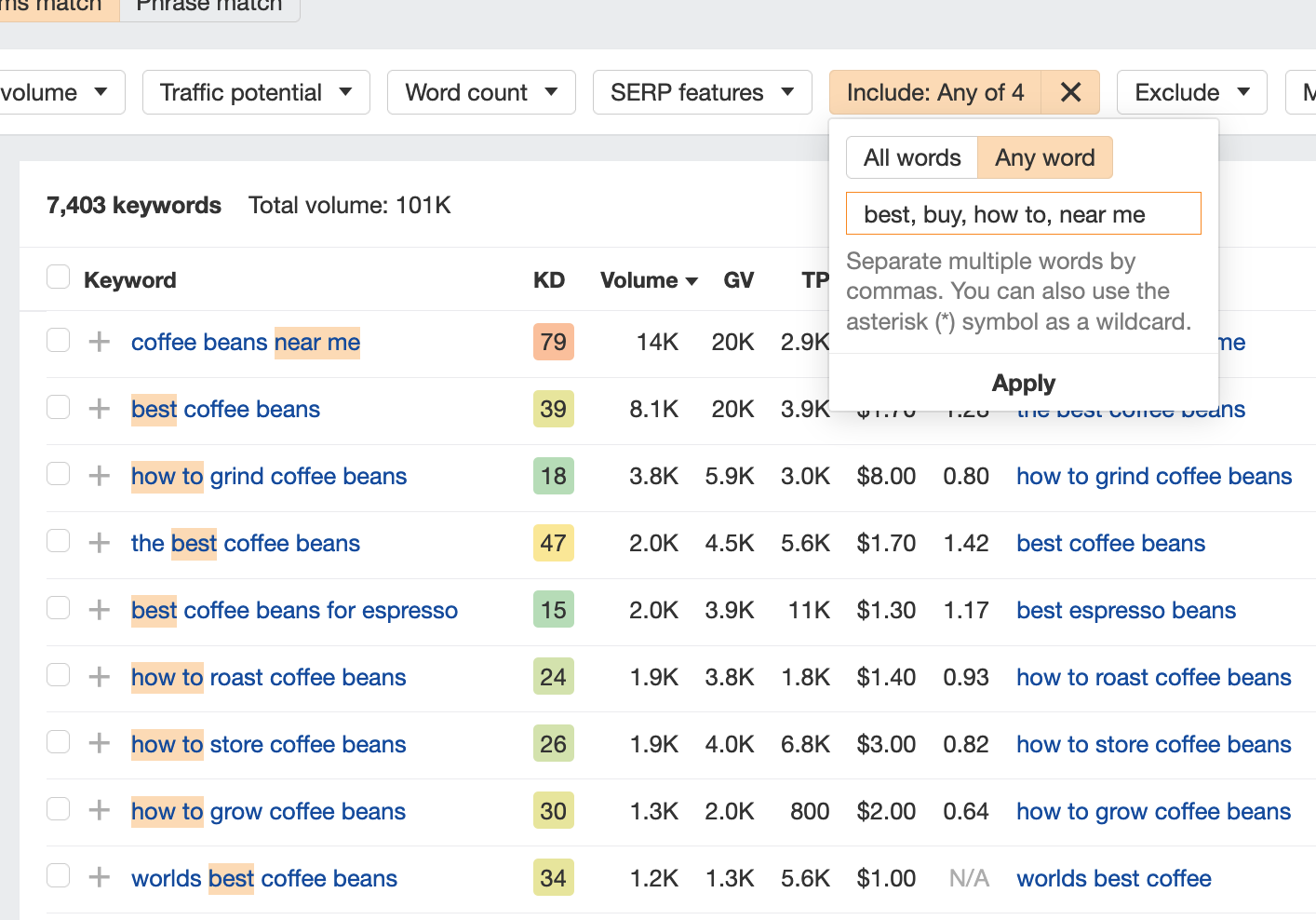 schreenshot of Ahrefs keyword research tool filtering process to filer for high intent keywords by looking for keywords including best, buy, how to, or near me.