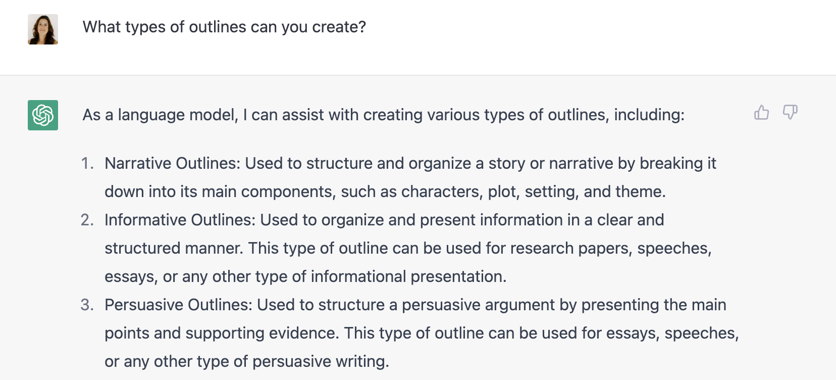 Screenshot of asking Chatgpt for content outline possibiities