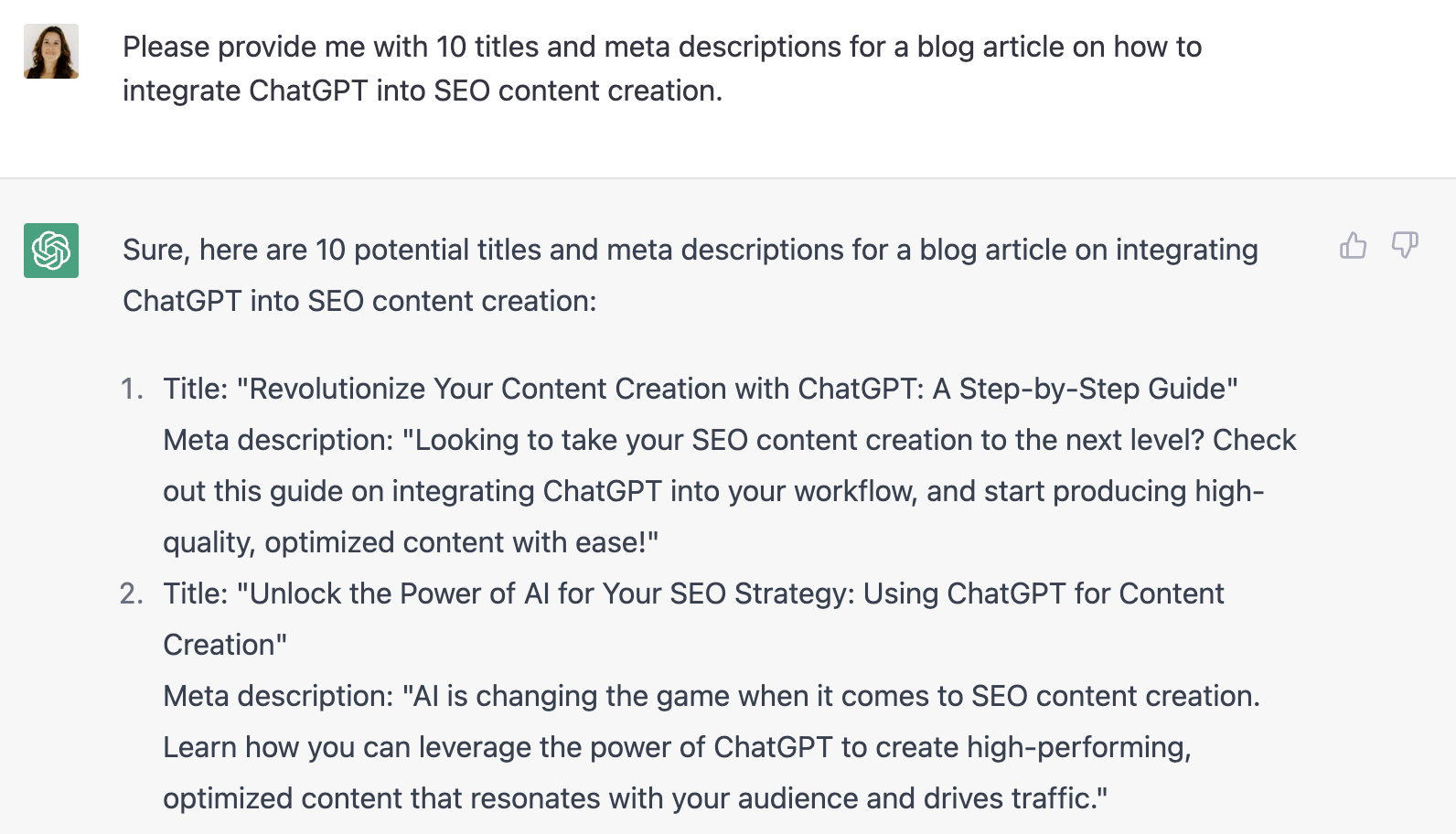 Screenshot of asking Chatgpt for content — asking for title and meta descriptions