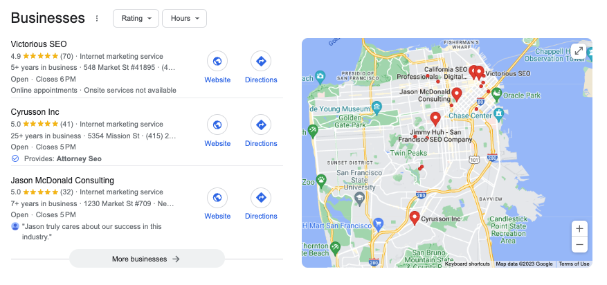 local seo map pack example for SEO in san francisco