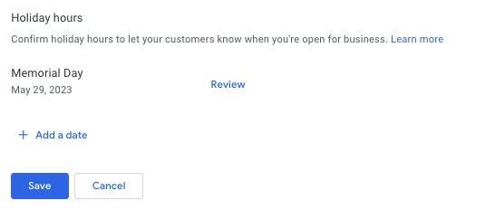 Google text for reviewing upcoming holiday hours