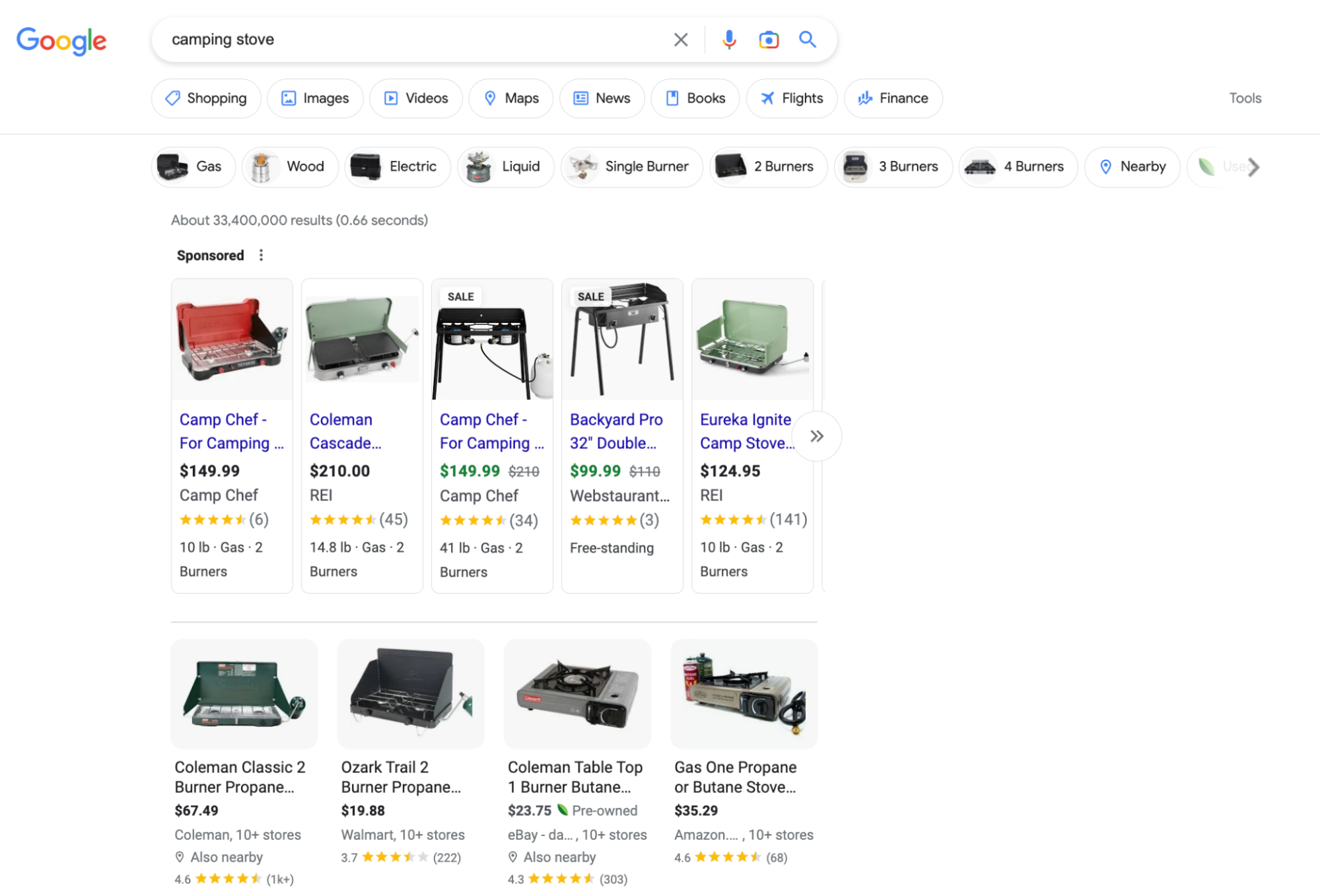 Google shopping SERP example for camping stovevs