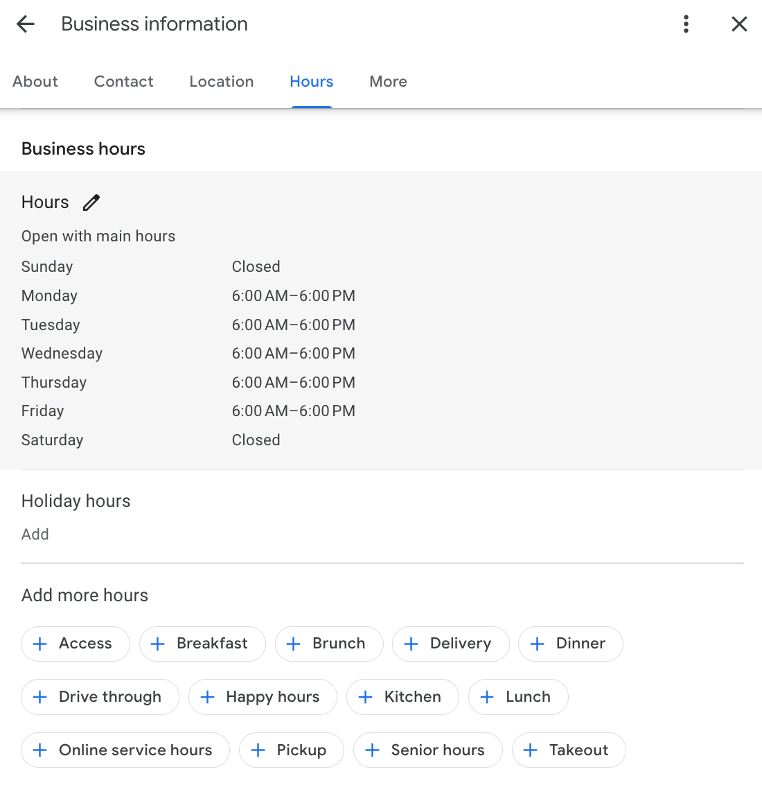 screenshot of hours tab for how to delete a google business profile