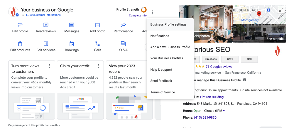 google business profile dashboard in serps; select business profile settings