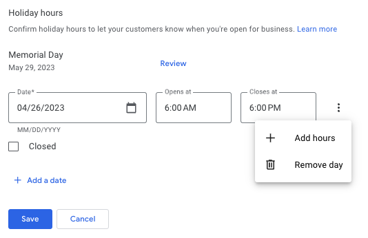 updating holiday hours for multiple days in google business profile