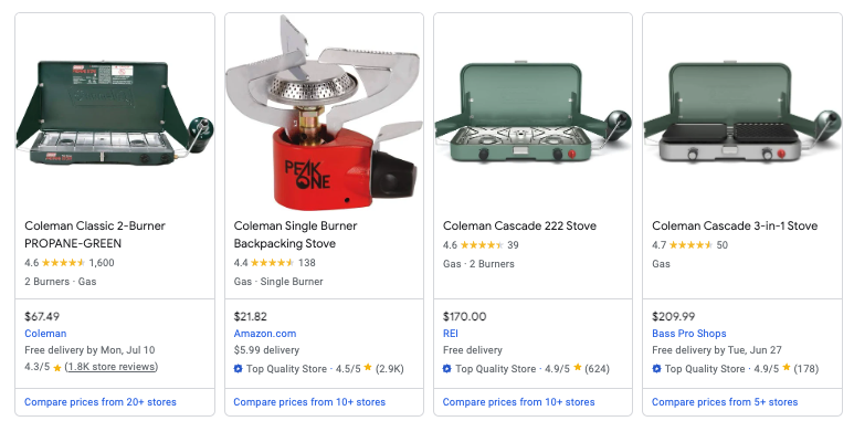 Google shopping example for product page seo