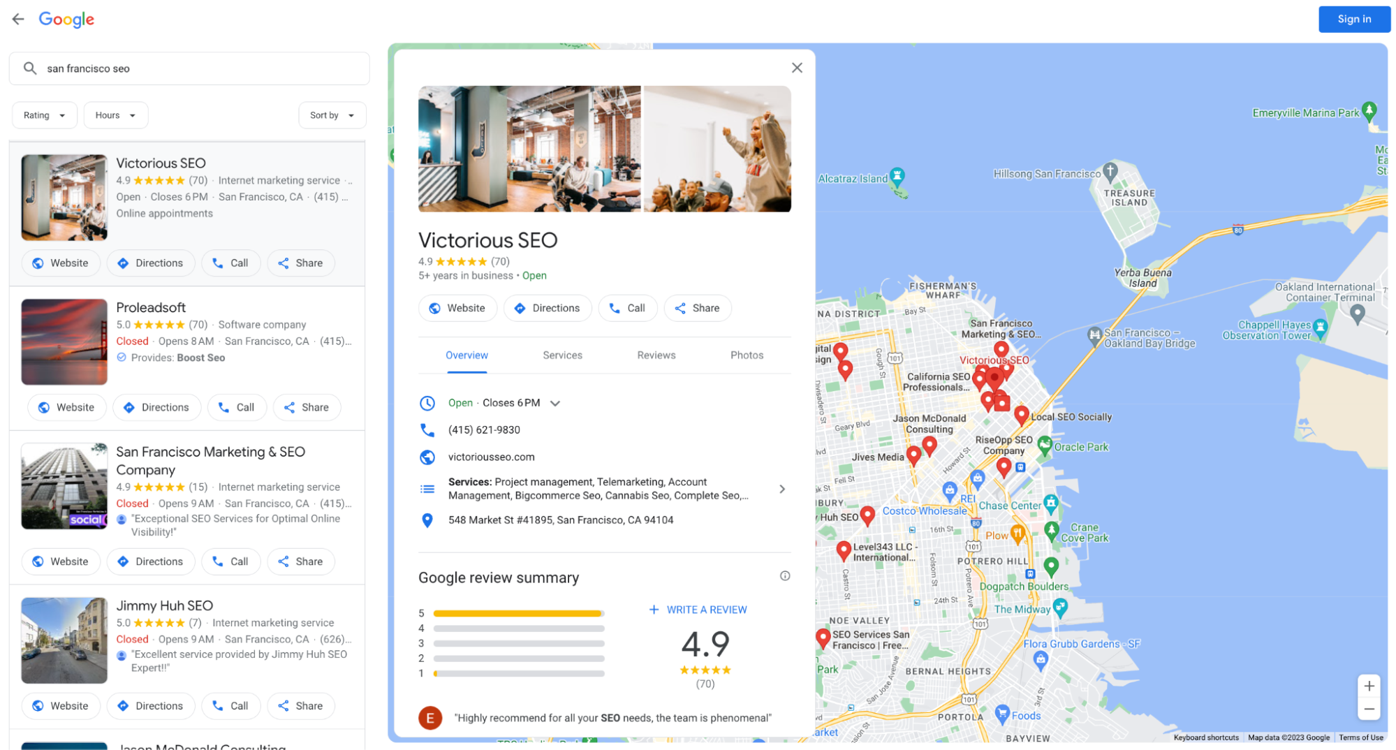 Example google business profile showing up from the local pack