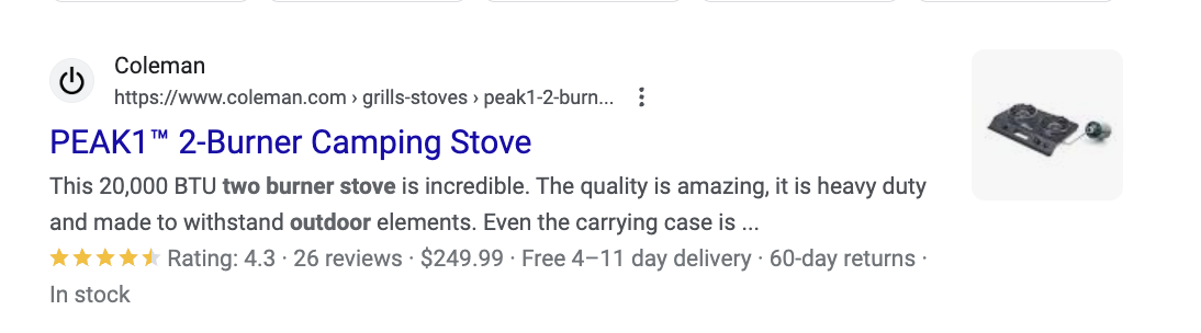 rich snippet example for product page seo