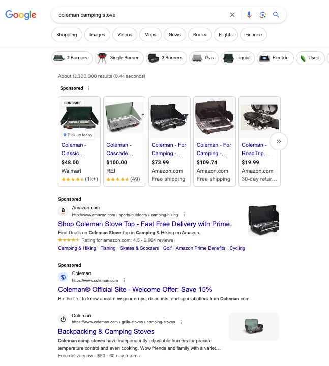 google search example for product search