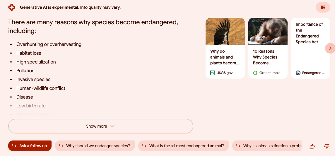 SGE search for "why endangered" without orangutan context; shows info about why animals become endangered