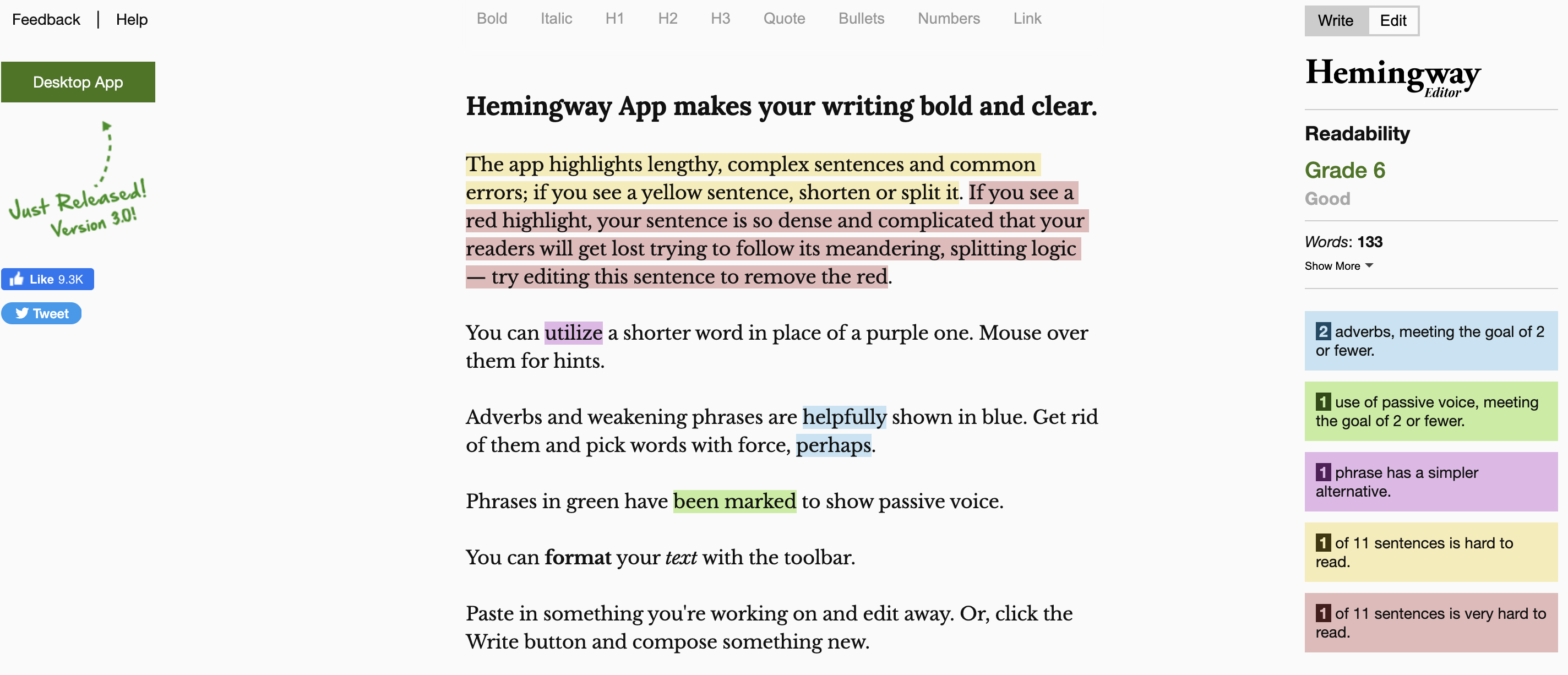 screenshot of hemingway app, an seo content tool to help with voice and style