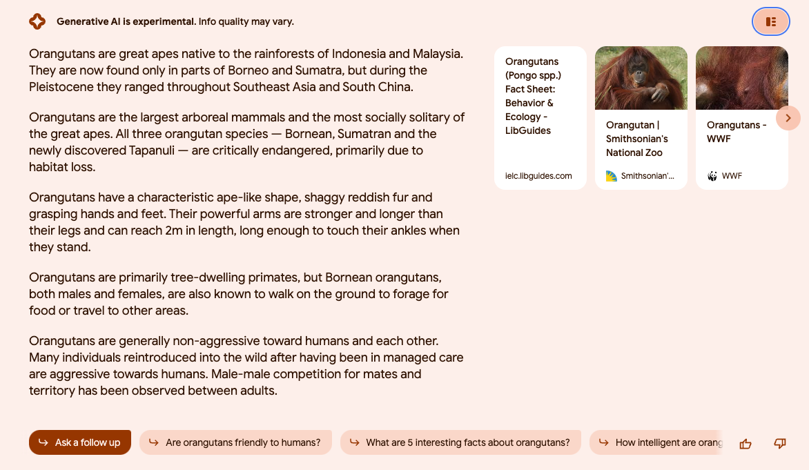 screenshot of Google's search generative experience for "orangutan" search