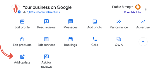 screenshot: click 'add update' in google business profile to create a google post