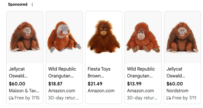 example of ads above the SGE panel for the stuffed animal search