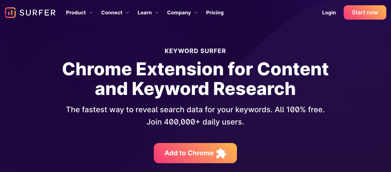 Image of the landing page of Keyword Surfer
